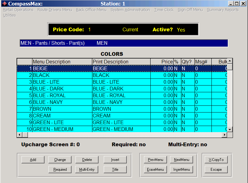 Compass Max v9 Price Table Maintenance UpCharge Table