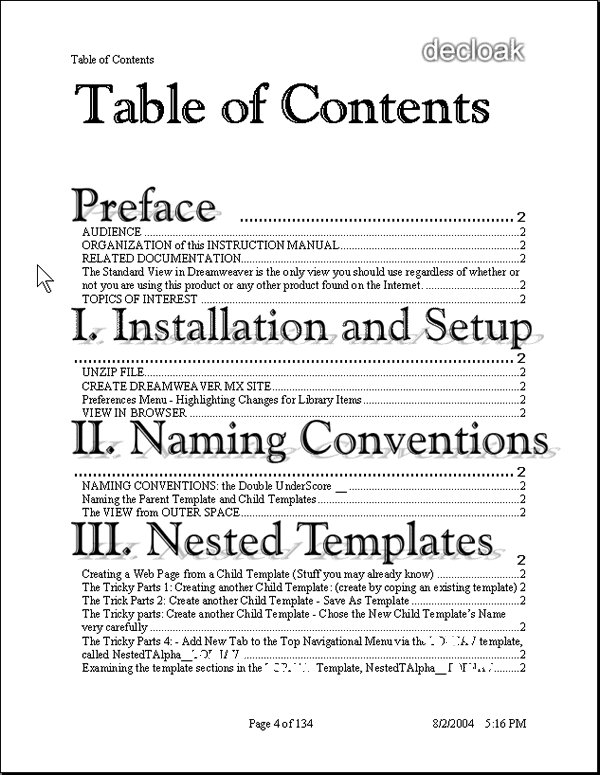 Nested Templates Table of Contents 2